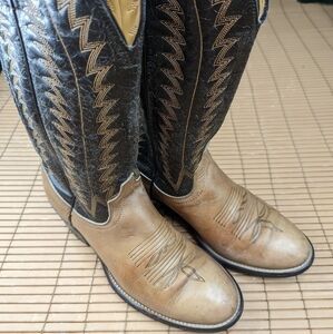 Laredo Boots Mens cognac brown and black shaft 14" tall Stockman Pull On Western